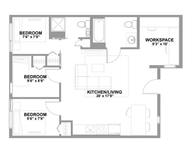 3 Bed 2 Bath B C-416 floor plan